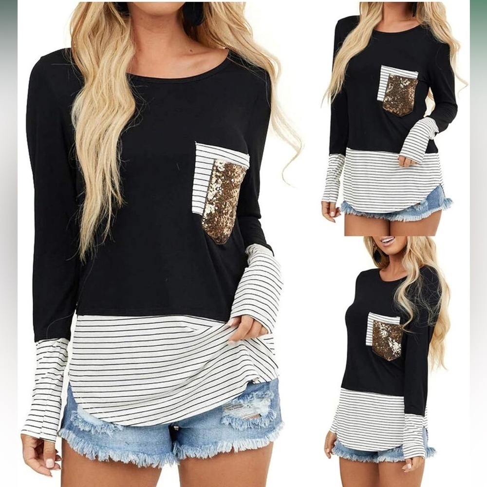 B E A Black & White Striped Long Sleeve Sequin Pocket Top S New